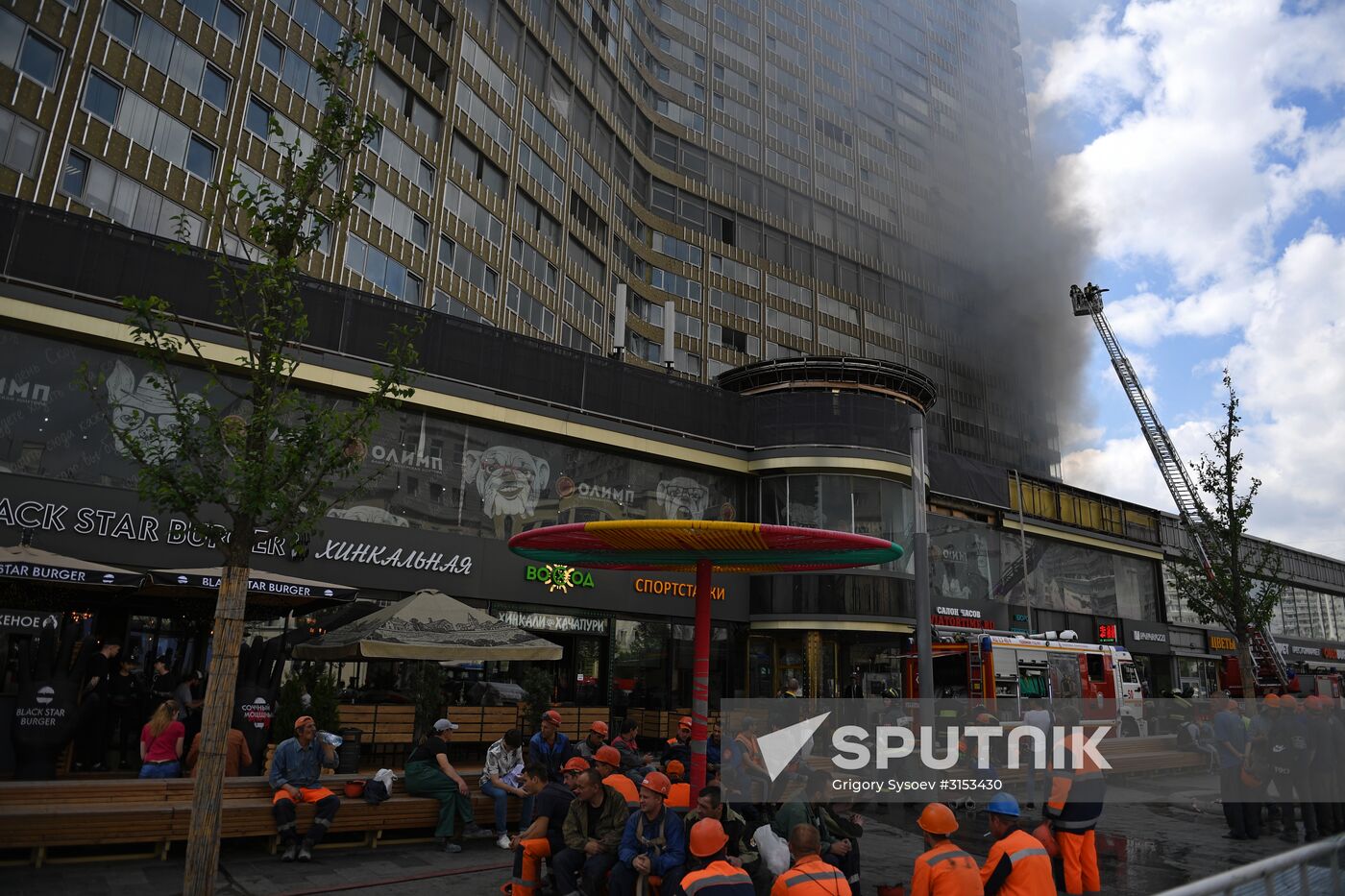 Fire sweeps skyscraper on Moscow's Novy Arbat Street