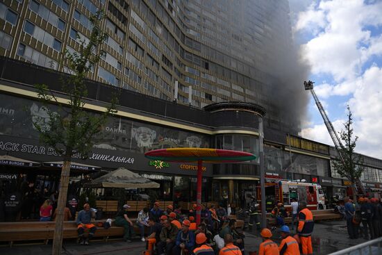 Fire sweeps skyscraper on Moscow's Novy Arbat Street