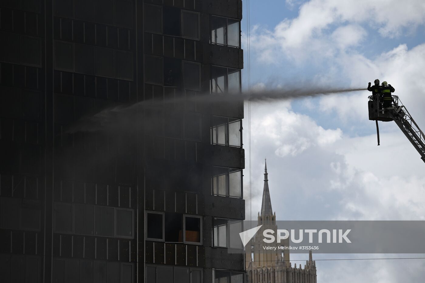 Fire sweeps skyscraper on Moscow's Novy Arbat Street