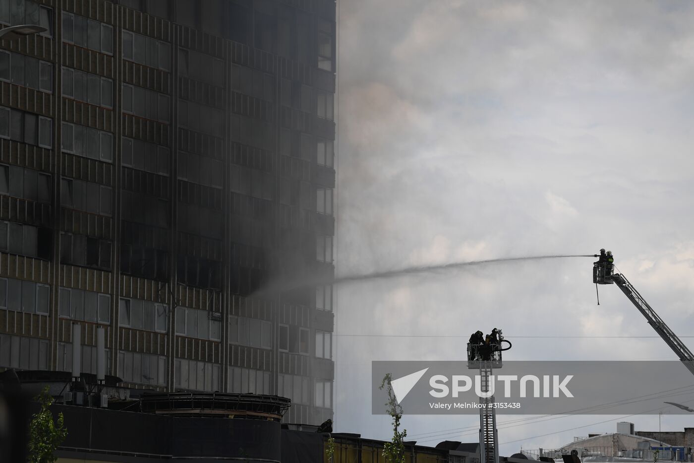 Fire sweeps skyscraper on Moscow's Novy Arbat Street
