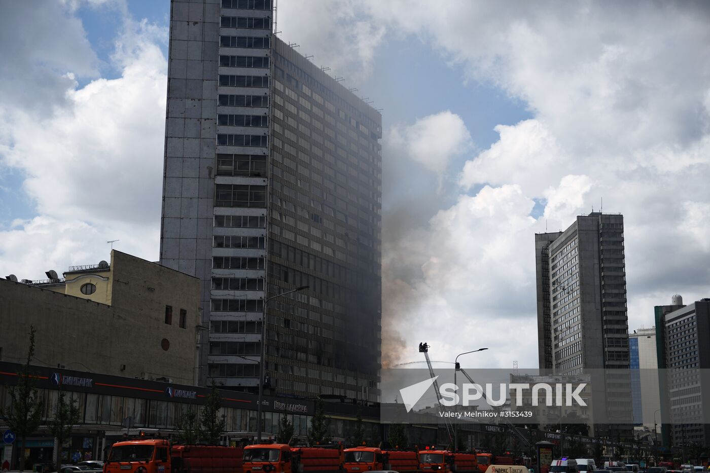 Fire sweeps skyscraper on Moscow's Novy Arbat Street