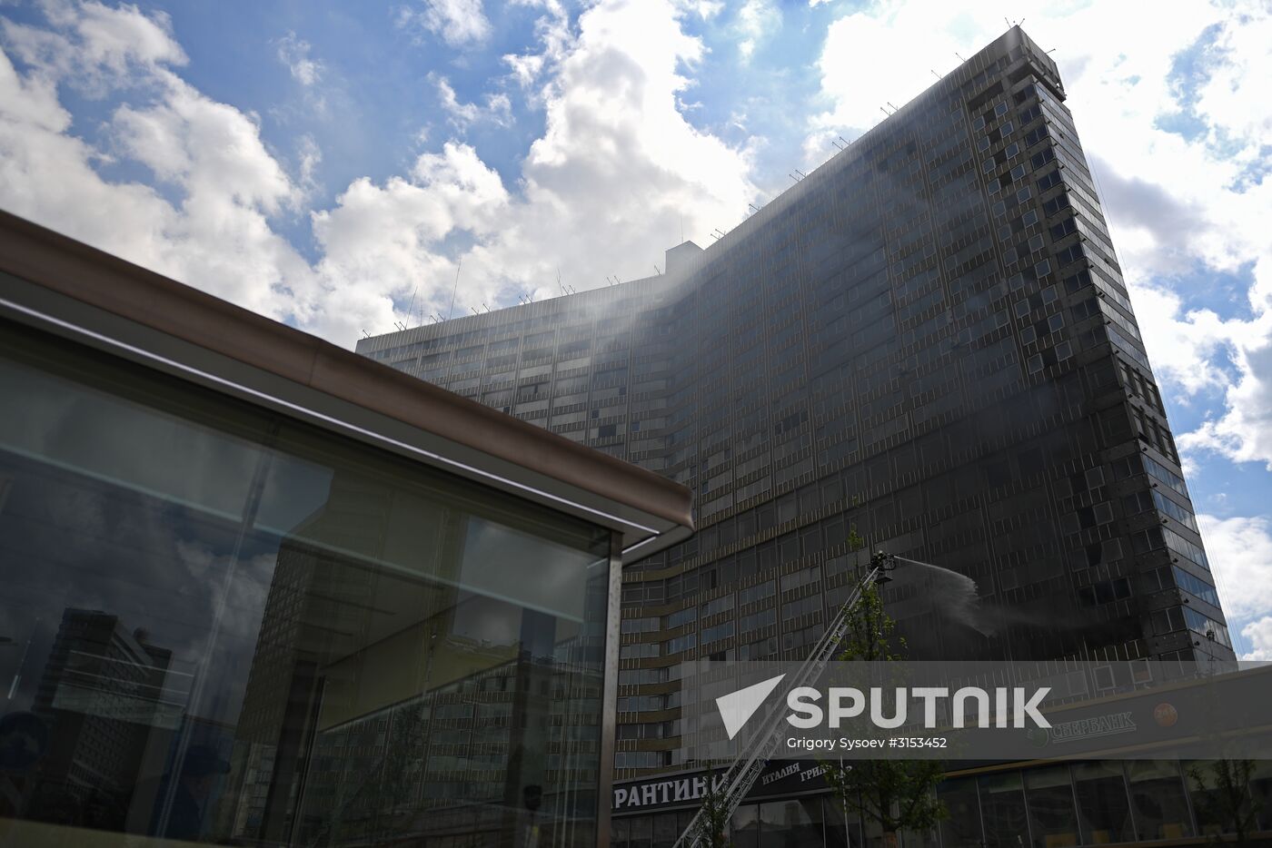 Fire sweeps skyscraper on Moscow's Novy Arbat Street