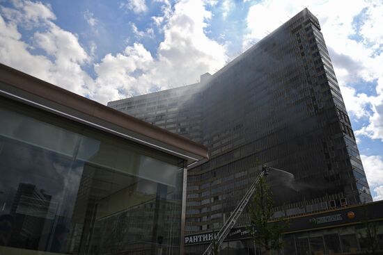 Fire sweeps skyscraper on Moscow's Novy Arbat Street