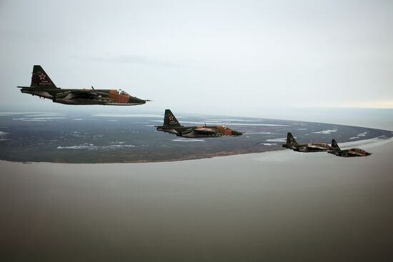 Flight training of Sukhoi SU-25 crews in Primorsko-Akhtarsk