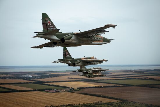 Flight training of Sukhoi SU-25 crews in Primorsko-Akhtarsk
