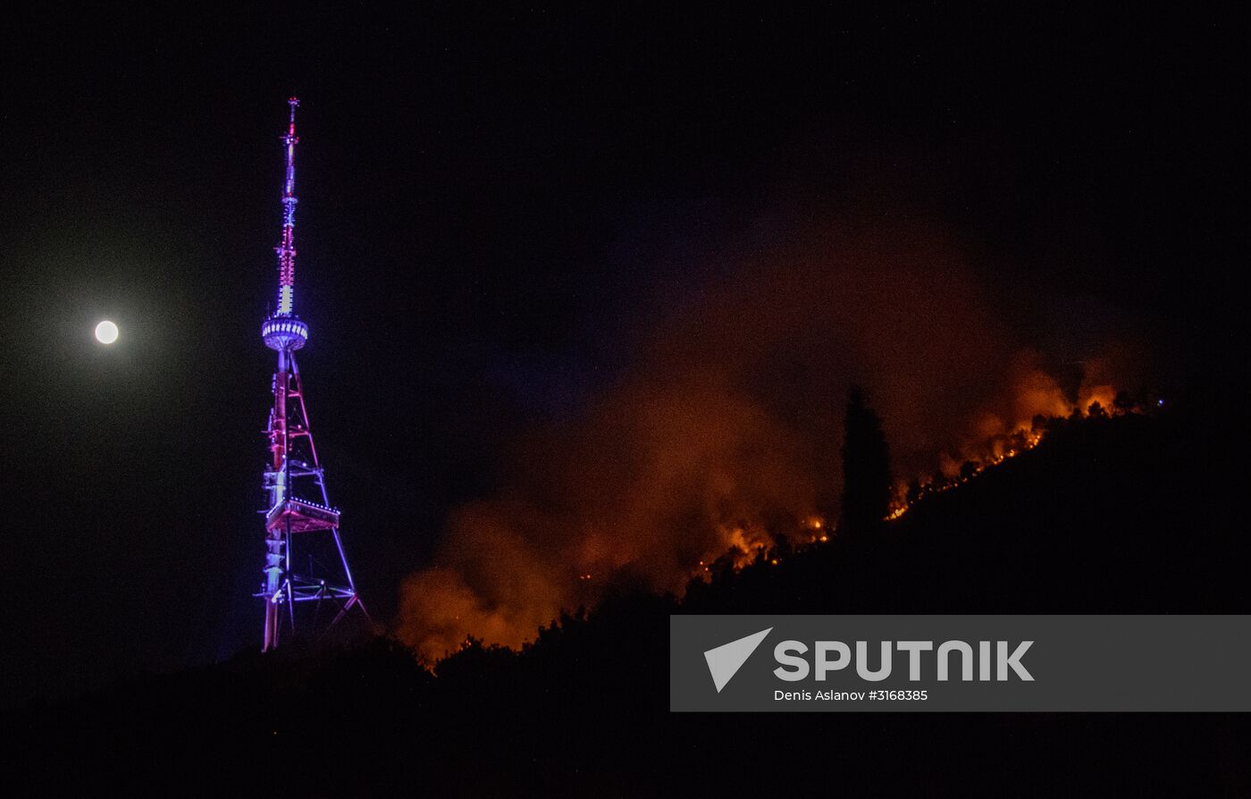 Fire on Mtazminda Mountain in Tbilisi