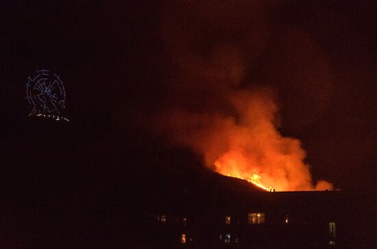 Fire on Mtazminda Mountain in Tbilisi