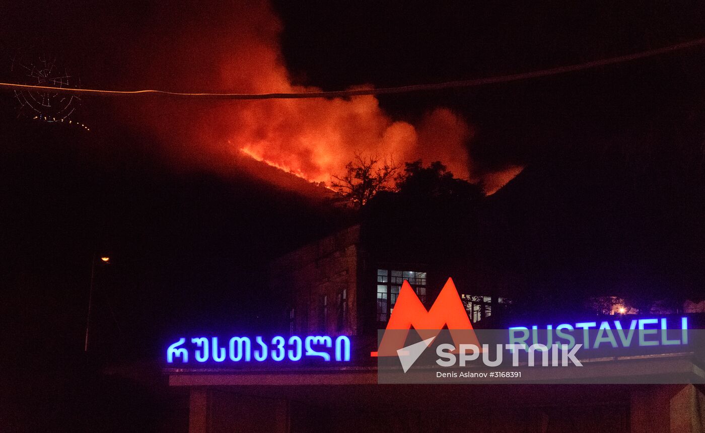 Fire on Mtazminda Mountain in Tbilisi