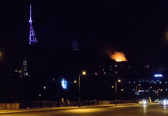 Fire on Mtazminda Mountain in Tbilisi