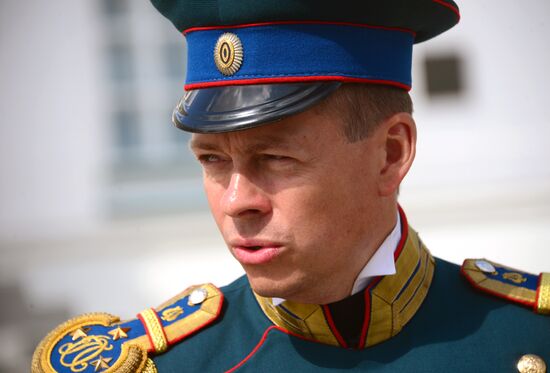 Guard mounting of cavalry regiment as part of preparations for Spasskaya Tower festival