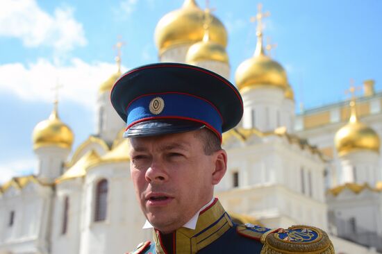 Guard mounting of cavalry regiment as part of preparations for Spasskaya Tower festival
