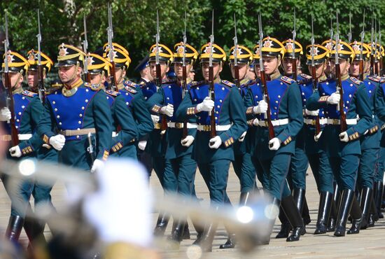 Guard mounting of cavalry regiment as part of preparations for Spasskaya Tower festival