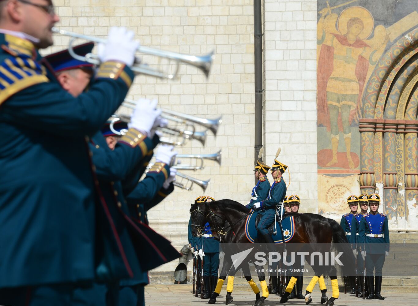 Guard mounting of cavalry regiment as part of preparations for Spasskaya Tower festival