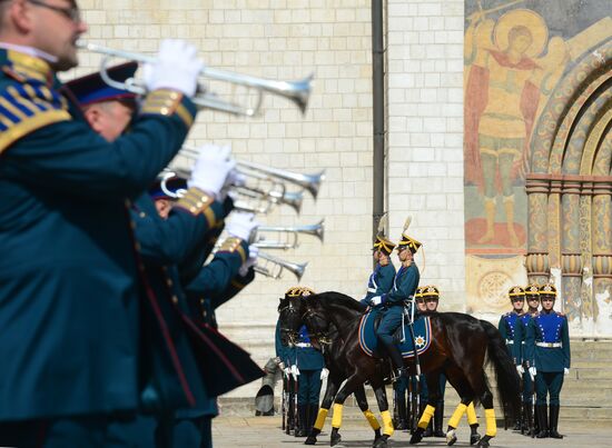 Guard mounting of cavalry regiment as part of preparations for Spasskaya Tower festival