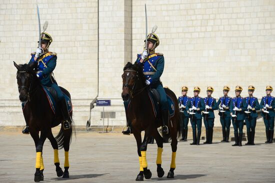 Guard mounting of cavalry regiment as part of preparations for Spasskaya Tower festival