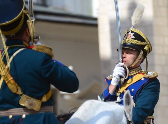 Guard mounting of cavalry regiment as part of preparations for Spasskaya Tower festival