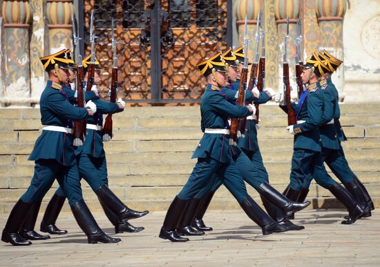 Guard mounting of cavalry regiment as part of preparations for Spasskaya Tower festival