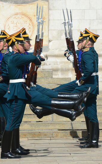 Guard mounting of cavalry regiment as part of preparations for Spasskaya Tower festival