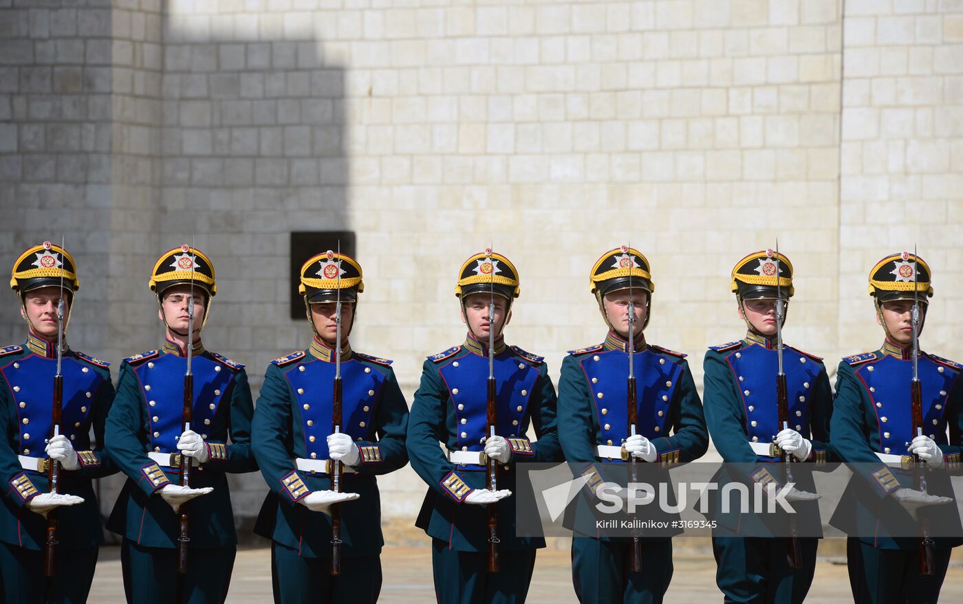 Guard mounting of cavalry regiment as part of preparations for Spasskaya Tower festival