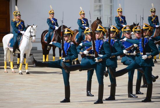 Guard mounting of cavalry regiment as part of preparations for Spasskaya Tower festival