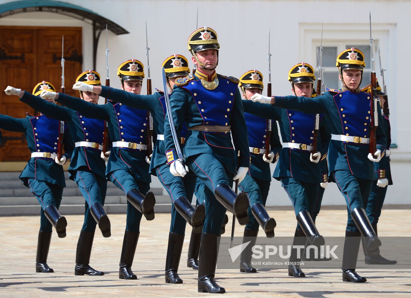 Guard mounting of cavalry regiment as part of preparations for Spasskaya Tower festival