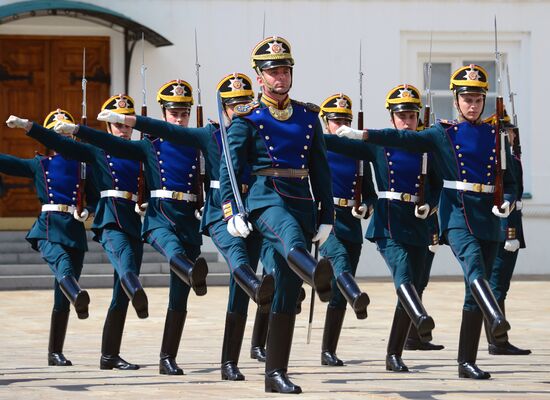 Guard mounting of cavalry regiment as part of preparations for Spasskaya Tower festival