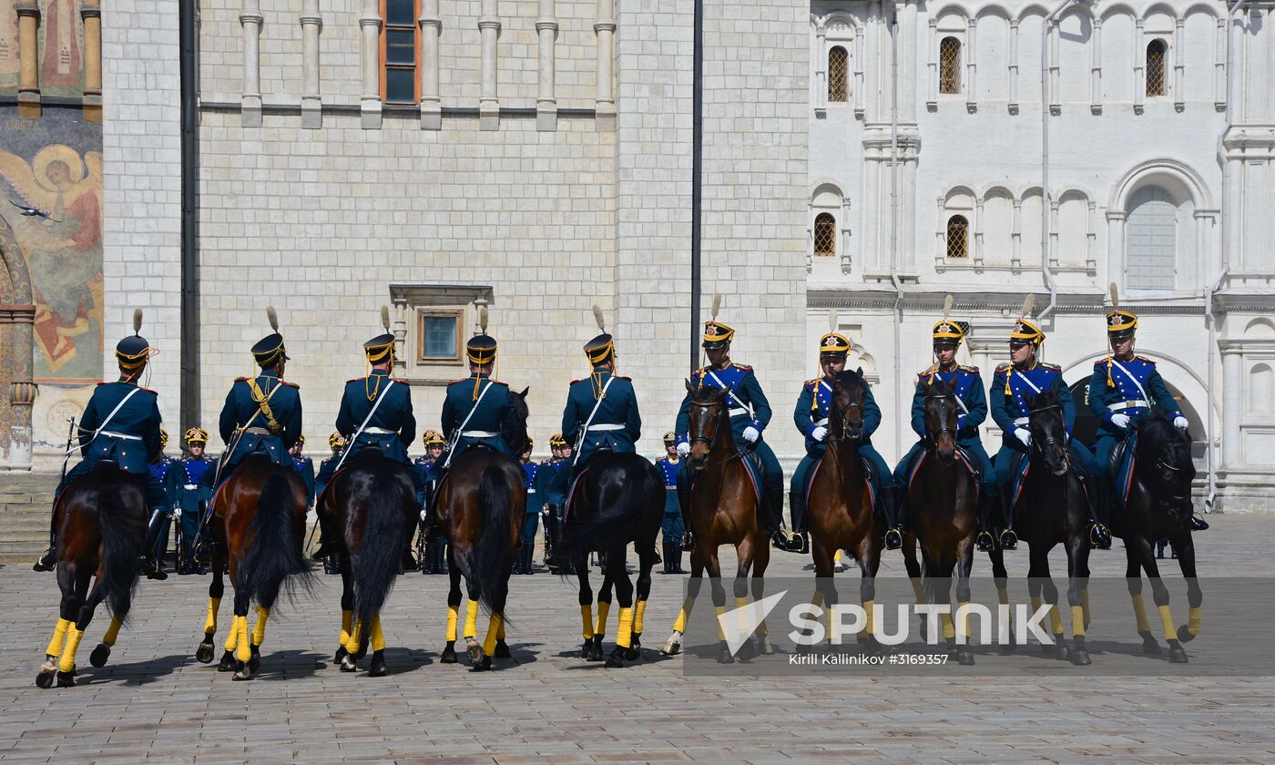 Guard mounting of cavalry regiment as part of preparations for Spasskaya Tower festival