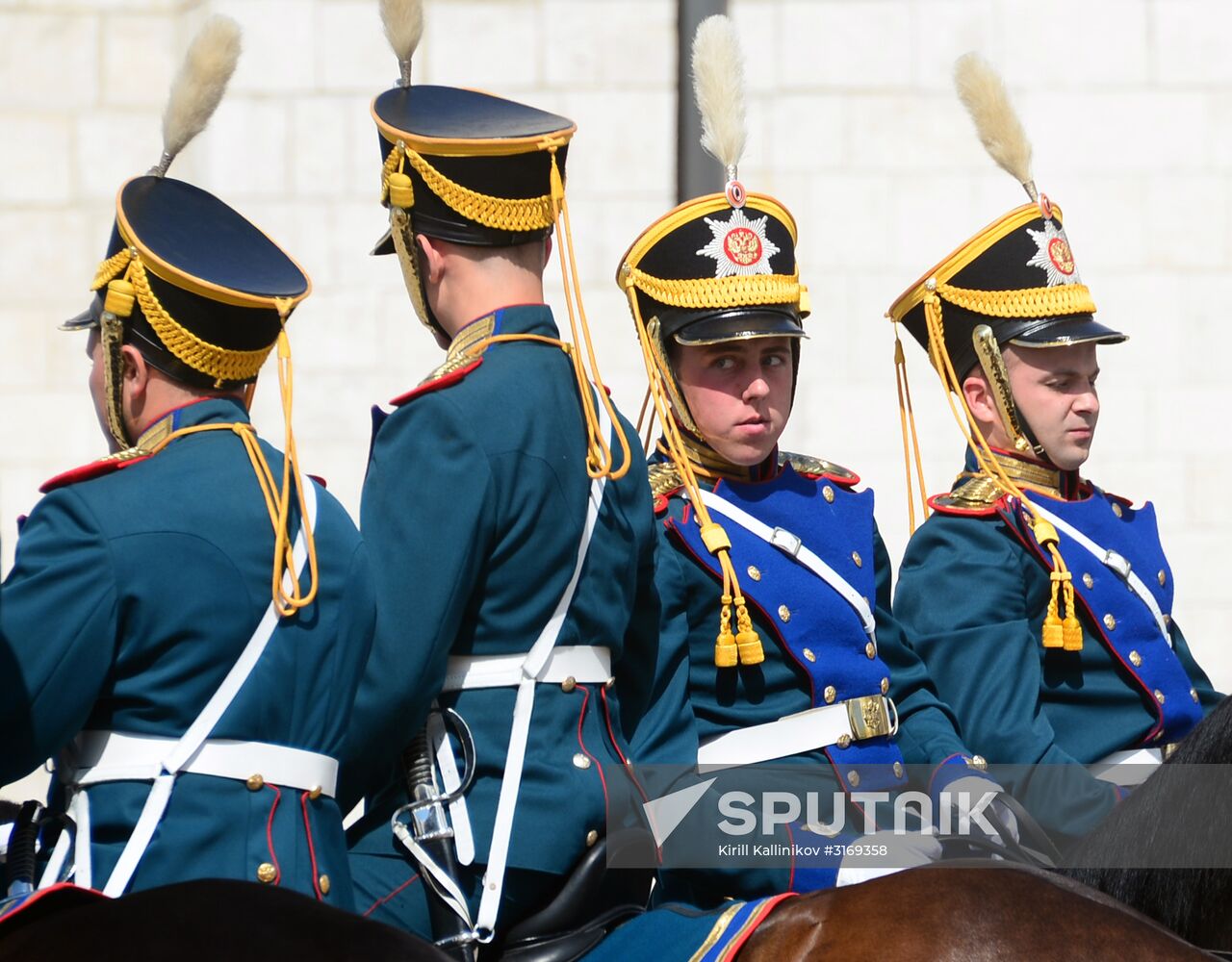 Guard mounting of cavalry regiment as part of preparations for Spasskaya Tower festival