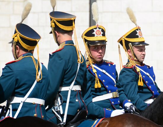 Guard mounting of cavalry regiment as part of preparations for Spasskaya Tower festival