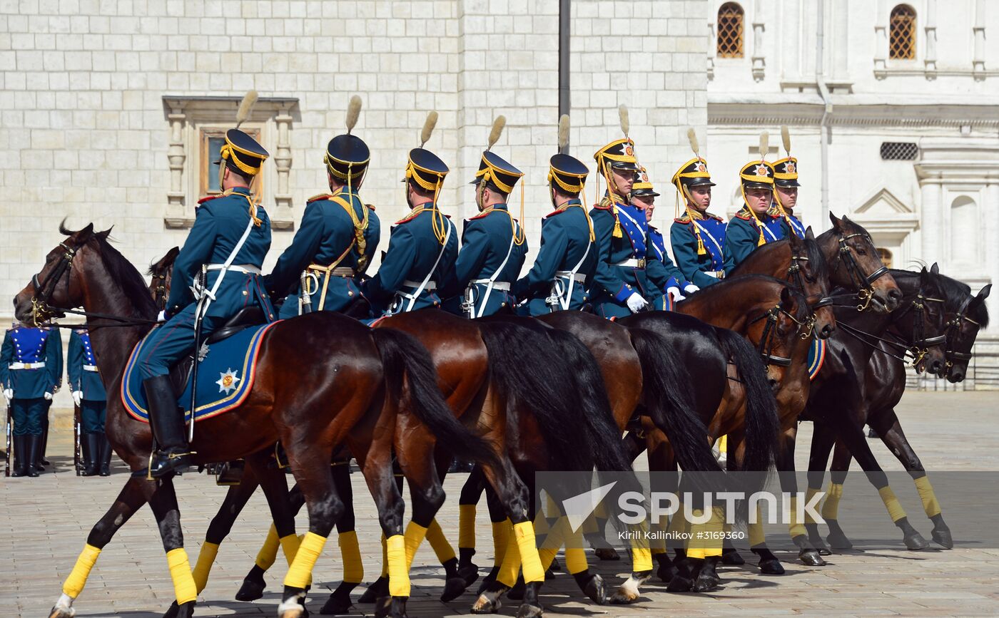 Guard mounting of cavalry regiment as part of preparations for Spasskaya Tower festival