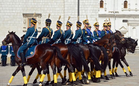Guard mounting of cavalry regiment as part of preparations for Spasskaya Tower festival