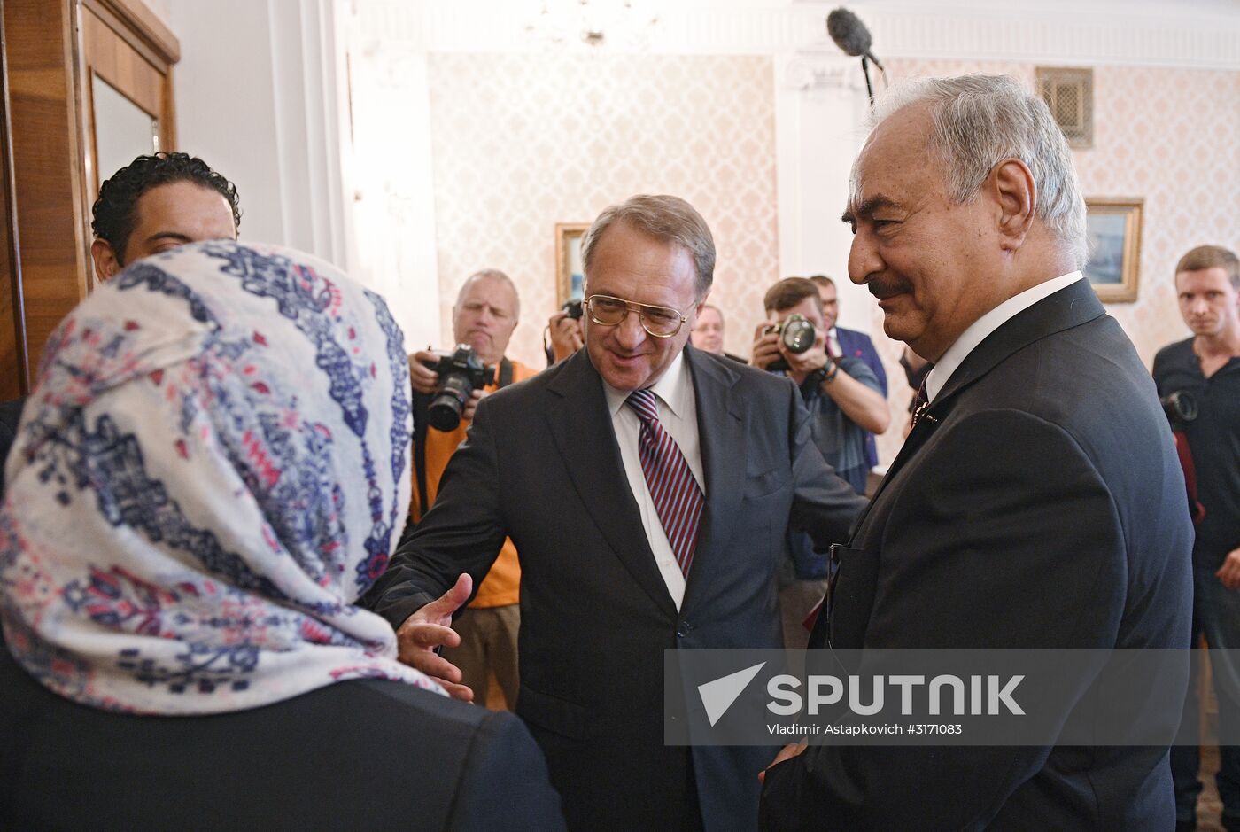Russian Foreign Minister Sergei Lavrov meets with Libyan National Army Commander Khalifa Haftar