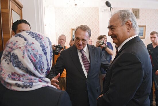 Russian Foreign Minister Sergei Lavrov meets with Libyan National Army Commander Khalifa Haftar