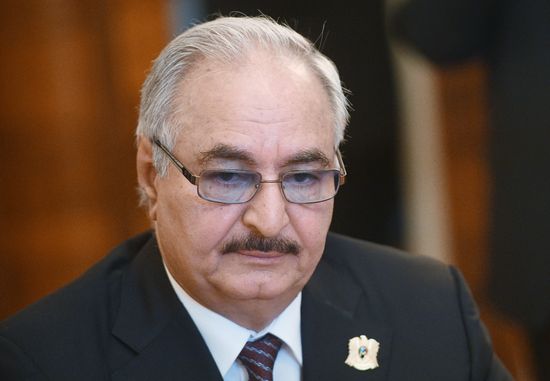 Russian Foreign Minister Sergei Lavrov meets with Libyan National Army Commander Khalifa Haftar