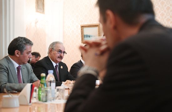 Russian Foreign Minister Sergei Lavrov meets with Libyan National Army Commander Khalifa Haftar