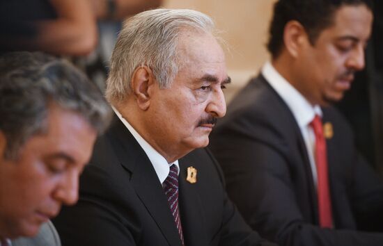 Russian Foreign Minister Sergei Lavrov meets with Libyan National Army Commander Khalifa Haftar