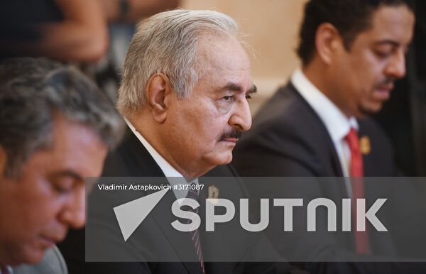 Russian Foreign Minister Sergei Lavrov meets with Libyan National Army Commander Khalifa Haftar