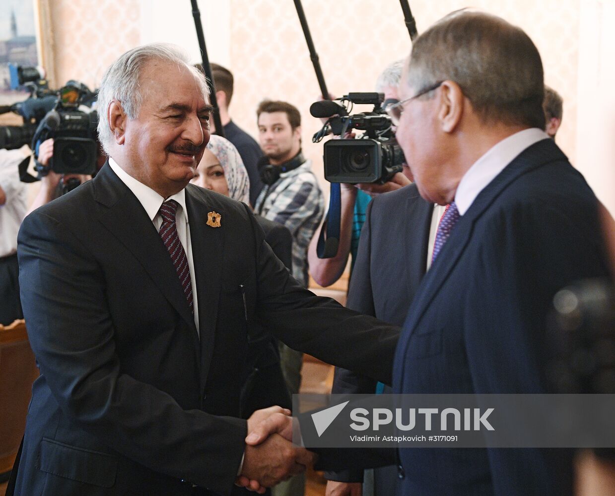 Russian Foreign Minister Sergei Lavrov meets with Libyan National Army Commander Khalifa Haftar