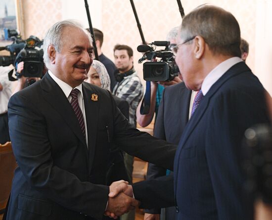 Russian Foreign Minister Sergei Lavrov meets with Libyan National Army Commander Khalifa Haftar