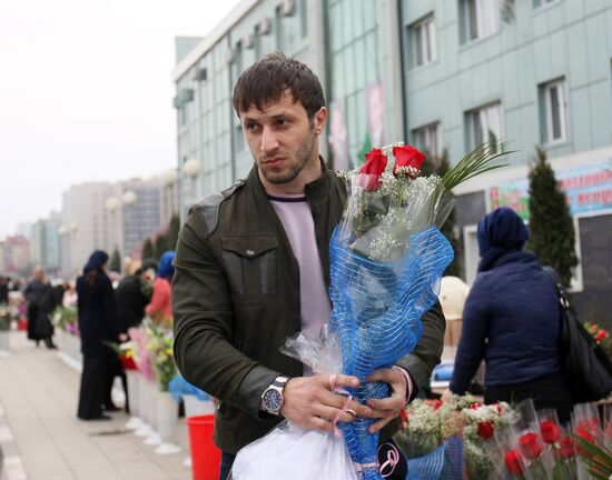 Selling flowers in Grozny prior to International Women's Day