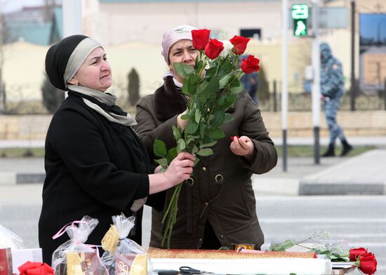 Selling flowers in Grozny prior to International Women's Day