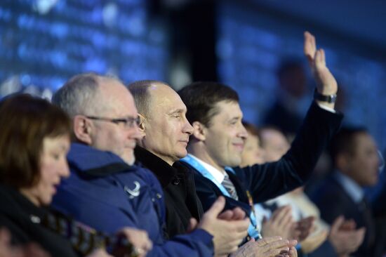 Vladimir Putin and Dmitry Medvedev at opening ceremony of Sochi 2014 Winter Paralympic Games