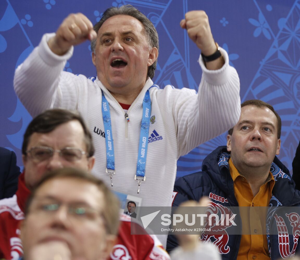 Vladimir Putin and Dmitry Medvedev attend ice sledge hockey match between Russia and Republic of Korea