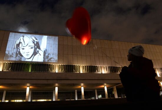 Installation of works by Banksy on a wall in the State Tretyakov Gallery