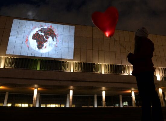 Installation of works by Banksy on a wall in the State Tretyakov Gallery