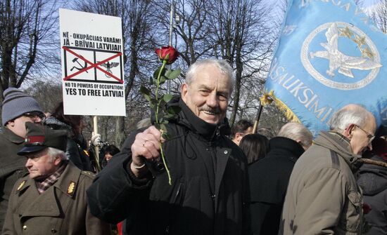 Procession of Latvian legion Waffen-SS veterans and their supporters in Riga
