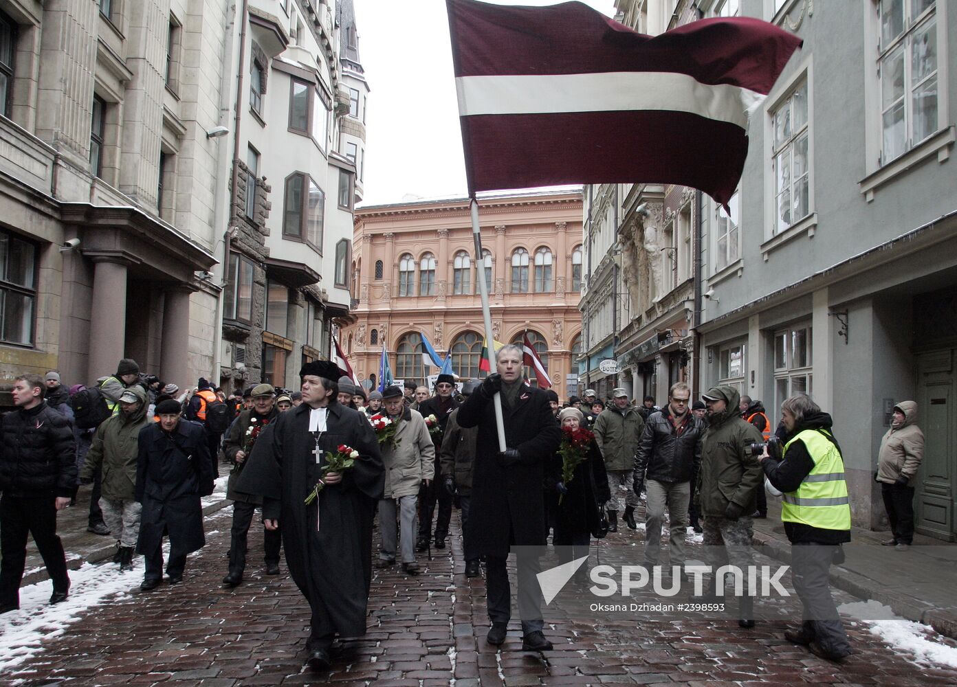 Procession of Latvian legion Waffen-SS veterans and their supporters in Riga