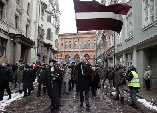 Procession of Latvian legion Waffen-SS veterans and their supporters in Riga