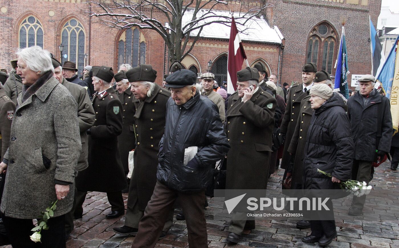 Procession of Latvian legion Waffen-SS veterans and their supporters in Riga