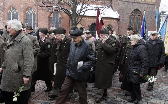 Procession of Latvian legion Waffen-SS veterans and their supporters in Riga